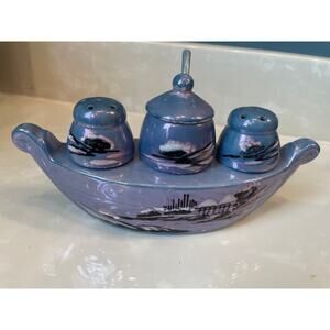 Vintage Blue  Lusterware Ceramic Boat With Salt & Pepper Shakers JAPAN